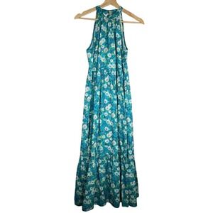 Victoria Dunn Turquiose Floral Tiered Sleeveless Maxi Dress with Belt Size XS